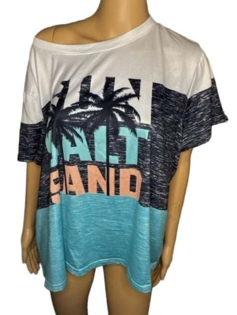 Sun Salt Sand Palm Tree & Letter Print Crew Neck Short Sleeve Casual T-Shirt